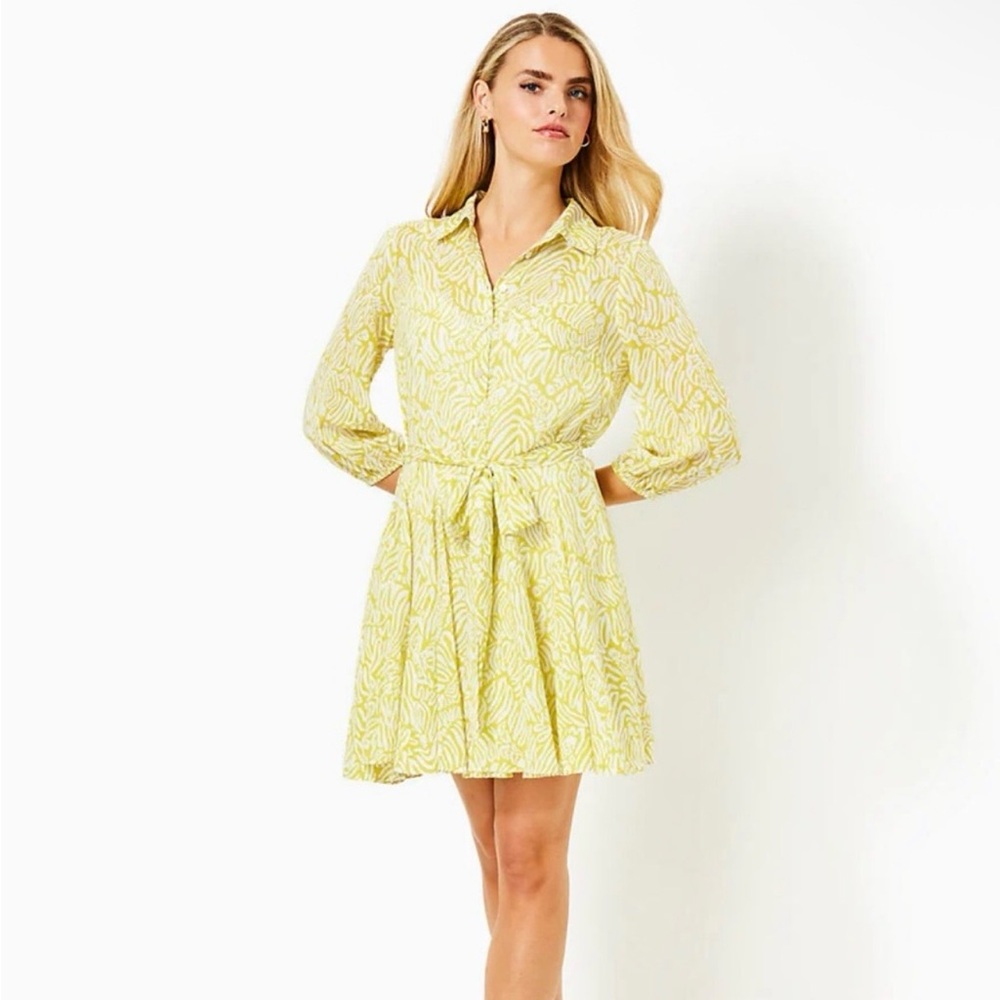 Lilly Pulitzer Light Yellow Printed Shirt Dress with Tie Waist